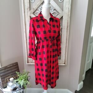 Times Two Maternity 3/4 Sleeve Collard V-Neck Elastic Waist Dress Buffalo Plaid